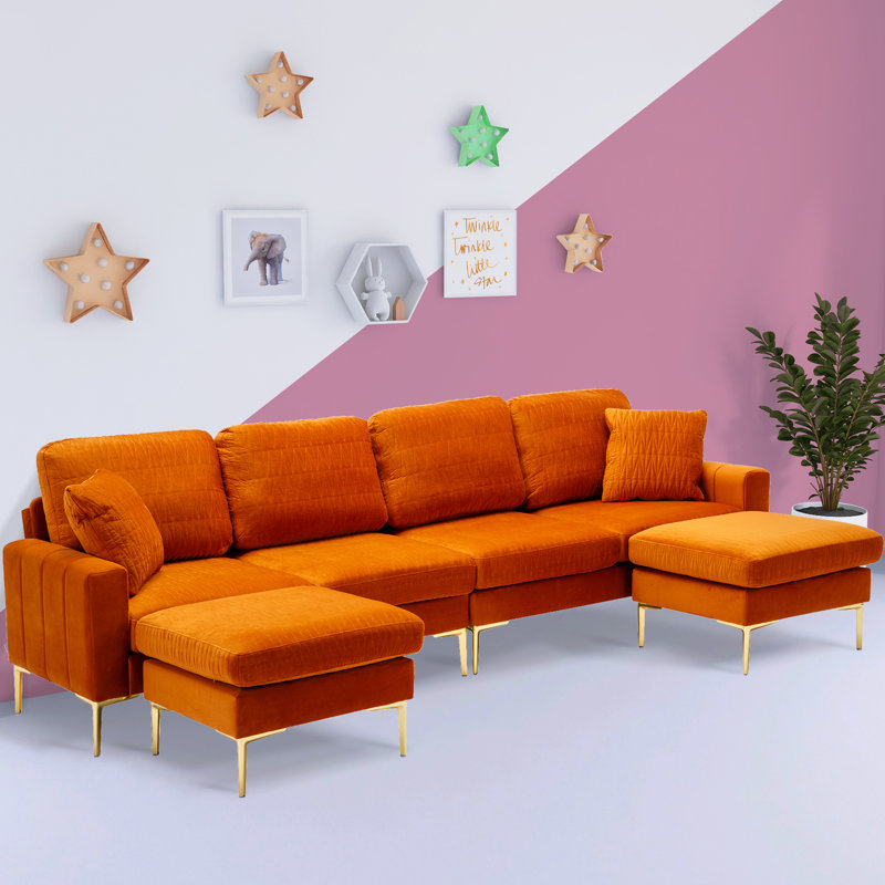 Canapé modulaire avec méridienne de 113,39 po avec repose-pieds Mialacs, Velours orange
