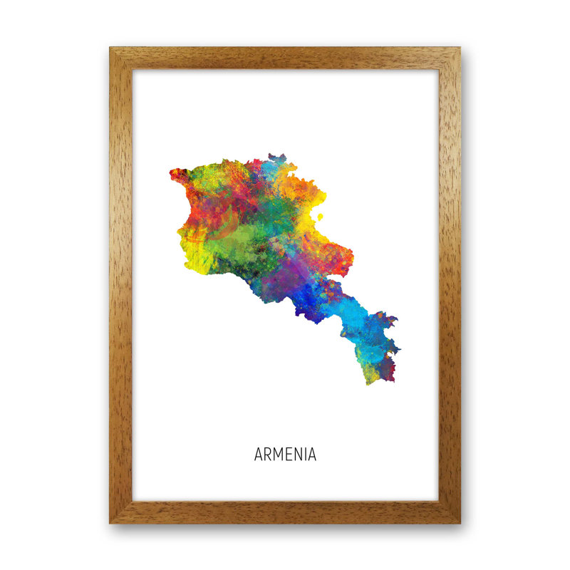 Armenia Watercolour Map by Michael Tompsett - Print, Brown Framed, 88cm H x 64cm W x 3cm D