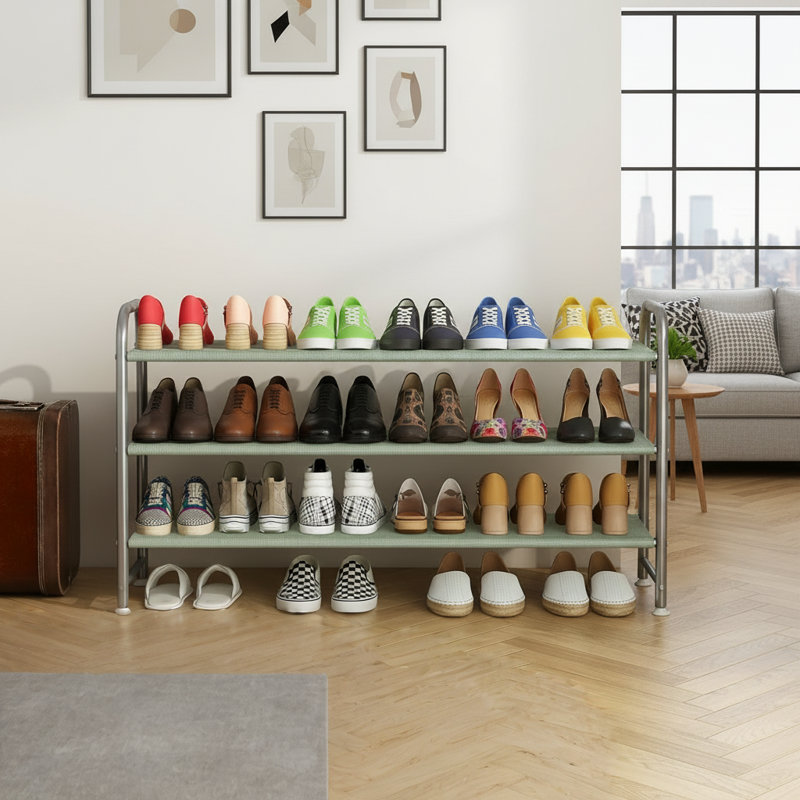 Gray 3-Tier Long Metal Shoe Rack With Storage Space, Wide Design, Suitable For Closet And Entryway, Gray