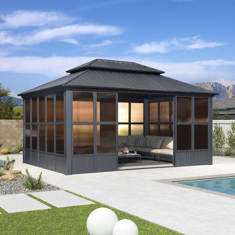 PURPLE LEAF 12' W x 16' D Sunroom Hardtop Gazebo Solarium Galvanized Steel Double Roof All-Weather Aluminum Outdoor Screen House
