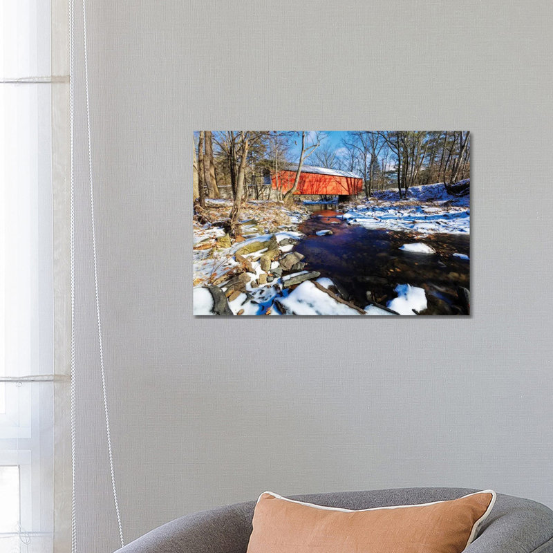 Covered Bridge over the Cabin Run Creek During Winter, Pennsylavania 1 Piece Wrapped Canvas Wall Art, 66.04 cm H x 45.72 cm W