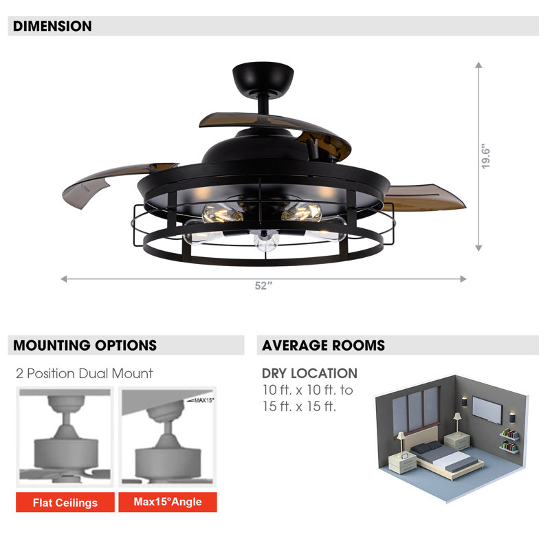 Ptolemy 52" 3 - Blade Retractable Blades Ceiling Fan with Remote Control