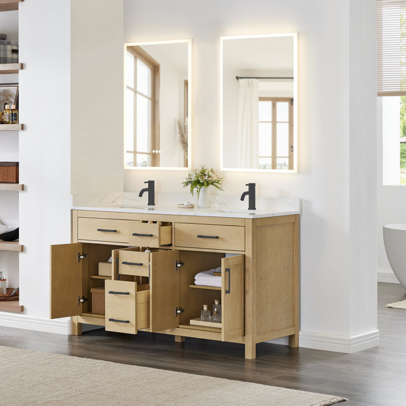 Beckett 60" Freestanding Double Bathroom Vanity with Quartz Top, Giotto Quartz, Matte Black, Whitewashed Oak