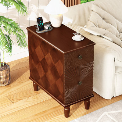 2 Drawer Modern Sofa Side Table, Narrow And Slim Nightstand With Charging Station, Ideal For Living Room And Bedroom, Fully Assembled With Easy Installation