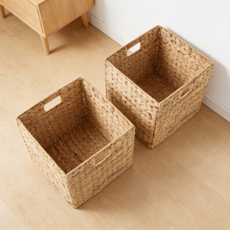 Natural Water Hyacinth Storage Baskets, Set Of 2 Cube Organizers With Metal Frame For Home Organization, Natural, 2
