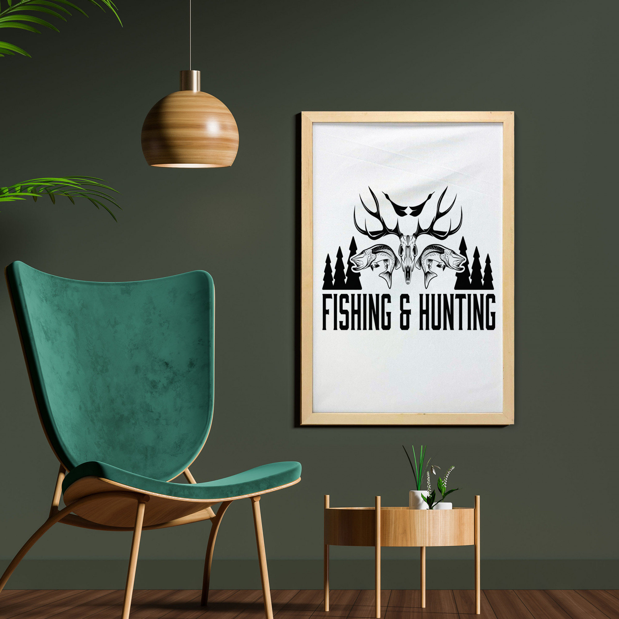 Bless international Hunting And Fishing In Vintage Emblem Design Antler  Horns Mallard Pine Tree Framed On Fabric Print
