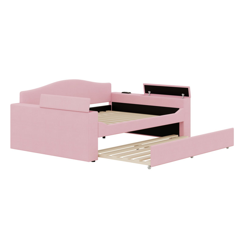 Lit de jour rembourré en molleton moderne avec accoudoirs de rangement, lit gigogne et système audio Bluetooth intégré, Rose