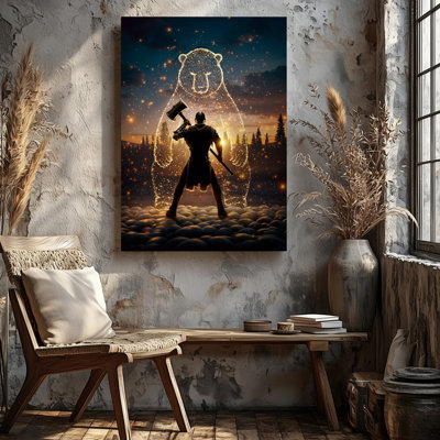 Toile «A Heroic Figure Clad In Dark Textured Armor Stands Confelyly», art mural au premier plan avec un grand marteau