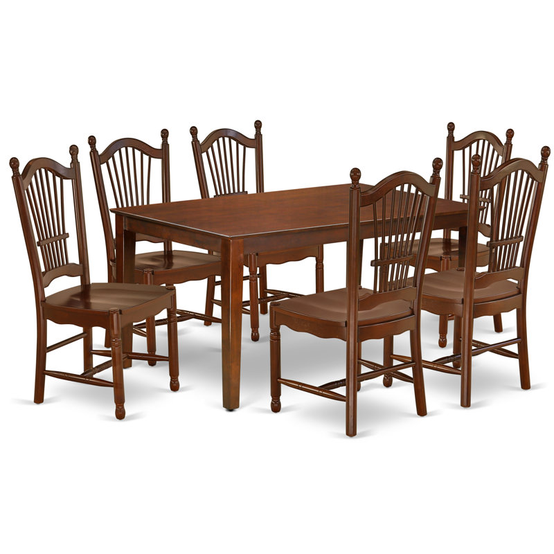 Ensemble de table de salle à manger 7 pièces composé d'une table rectangulaire en bois et de 6 chaises de salle à manger, 36 x 60 pouces, acajou
