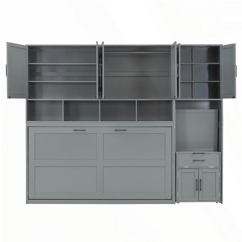 Lit escamotable simple avec placard et tiroirs, Gris