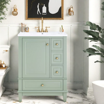 Modern Compact Vanities With Sink, Green Mdf And Solid Wood Cabinet For Small Bathrooms