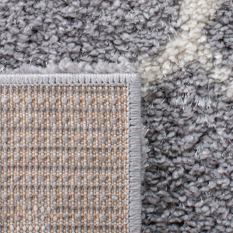 Gray Geometric Hand-knotted Shag Rug, 5' x 7'