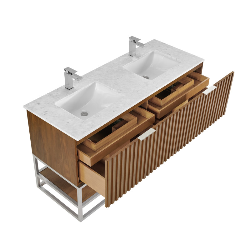 Terra 60'' W Double Vanity, Walnut, Carrara Marble/Single Faucet Mount, Brushed Nickel