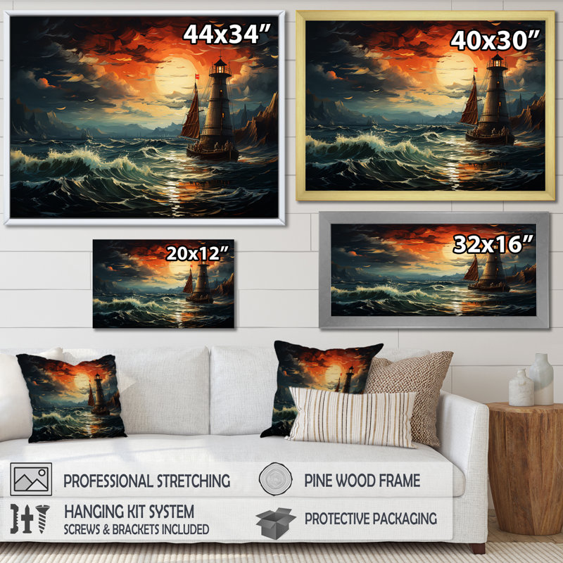 Phare de la mer orageuse 4 - art mural phares, H 24 po x l 32 po x P 1 po, Cadre flottant noir