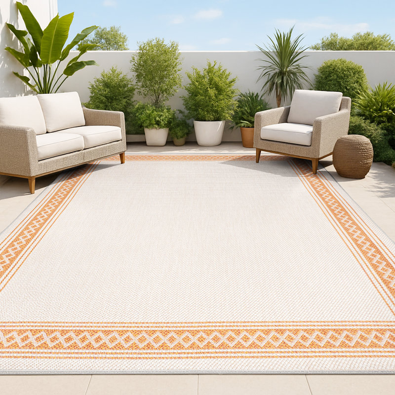 Cipolla Classic Diamond Border Cream/Orange Indoor/Outdoor Rug, Rectangle 7'10" x 10'
