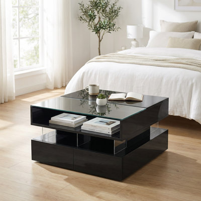 Table basse à plateau relevable avec 2 tiroirs, table basse carrée moderne avec plateau en verre trempé et finition ultrabrillante, compartiments de rangement cachés et lumières DEL réglables pour le salon, multifonctionnelle