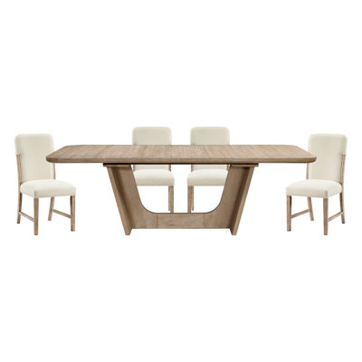 Beautiful Natural Finish Dining Set 5pc Extendable Table Upholstered Chairs Modern Farmhouse Dining Room Furniture