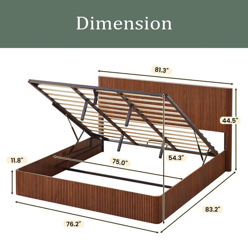 King Size Lift Up Storage Bed Frame, Wooden Corrugated Curved Lines, Hydraulic Storage/No Box Spring Needed, Walnut