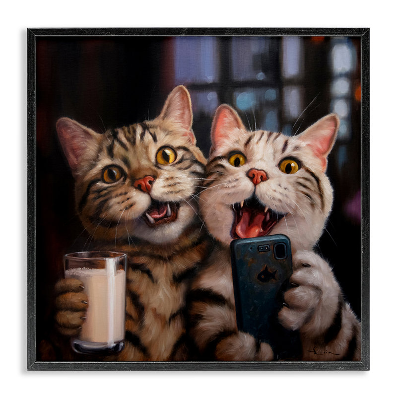 «Happy Selfie Cats», art de la giclée encadrée par Lucia Heffernan, H 12 po x l 12 po, Giclée encadrée noir minuit
