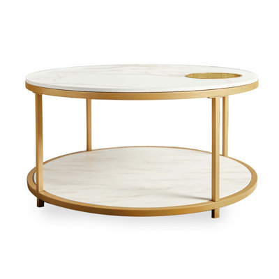 Table basse ronde moderne avec rangement à deux couches, diamètre de 34,64 pouces, panneau de particules texturé pierre et pieds en métal