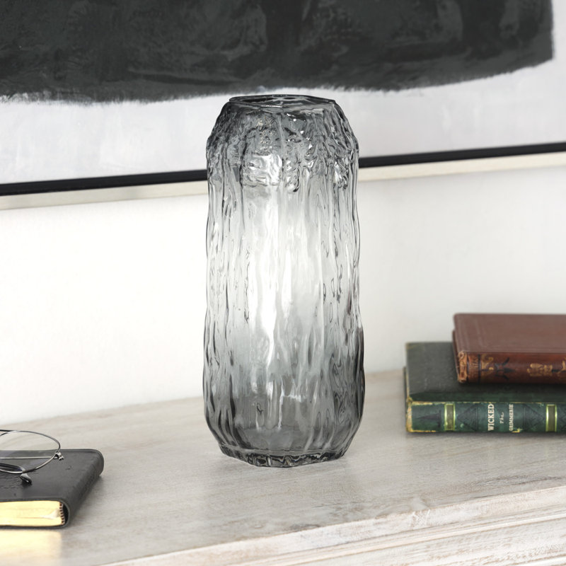 Elyzah Glass Handmade Abstract Textured Rectangular Ombre Decorative Vase, Gray
