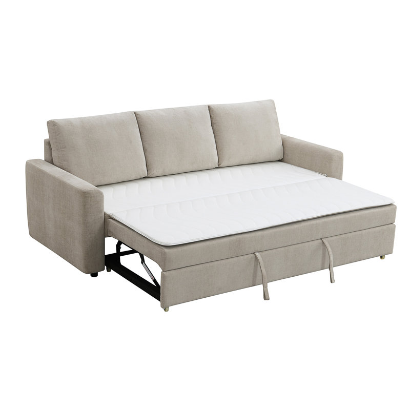 Androniki Transitional 89''L Upholstered Square Arms Sofa with Sleeper, Beige Fabric