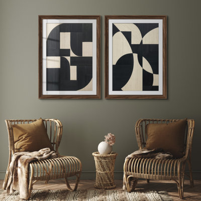 Ensemble de 2 décorations murales modernes noires et beiges géométriques abstraites pour le salon, la chambre à coucher ou le bureau, 26 po x 36 po