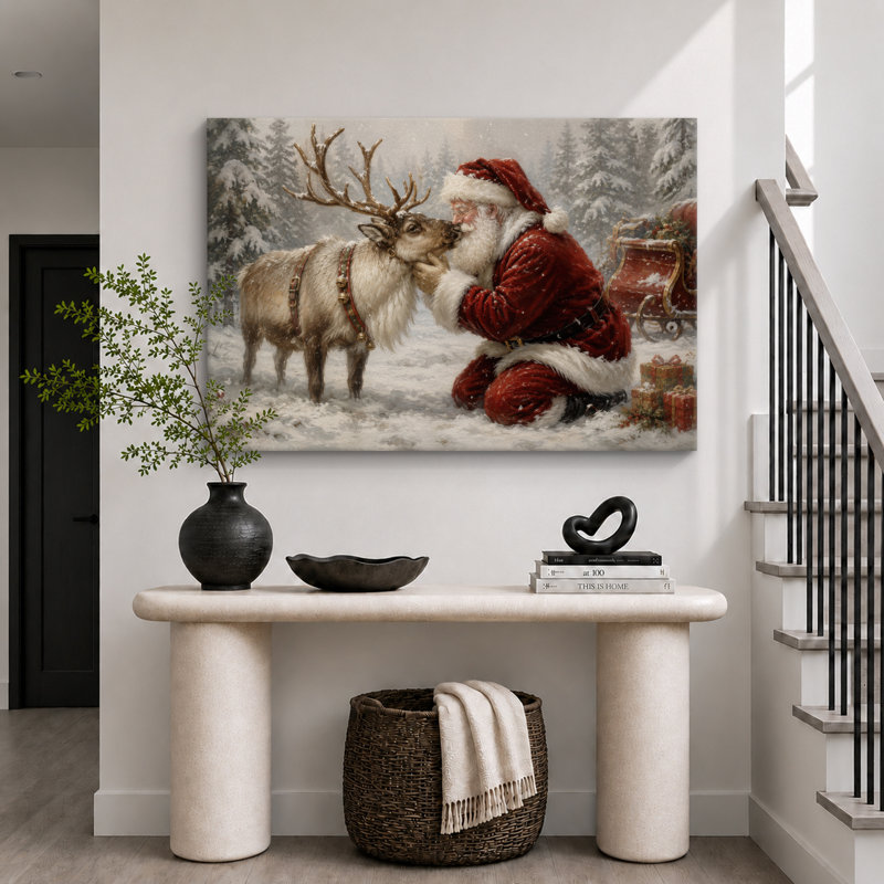 Père Noël et renne, art de vacances de Noël, images de salon, impression sur toile encadrée, H 16 po x l 24 po x P 1,5 po