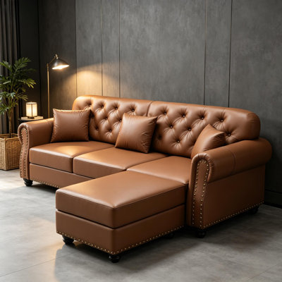 ENSEMBLE Canapé brun en similicuir 82,6 po avec repose-pieds (3 coussins)
