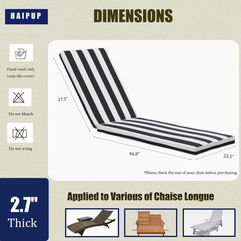 (2PCS ONE SET)  Outdoor Chaise Lounge Cushion Set Of 2, 74''L X 22''W X 3''T Weather-Resistant Lounge Chair Cushion For Patio Furniture, Lawn, Pool,(Black White Stripes)
