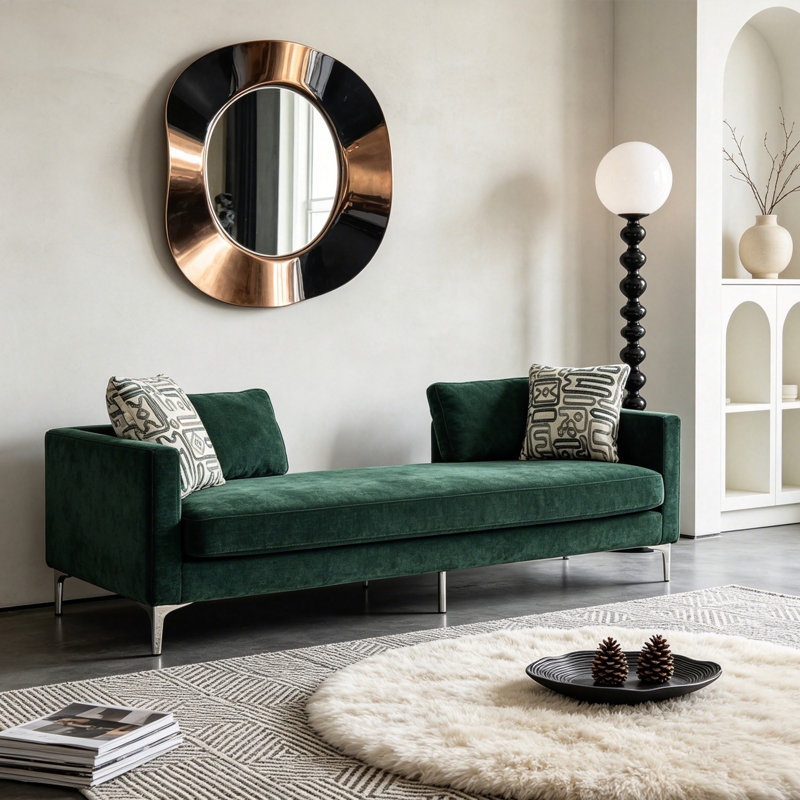 Banquette 77,5 po avec méridienne rembourrée en chenille et canapé-lit avec pieds en métal et 4 coussins décoratifs, Green