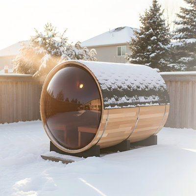 Smartmak® Outdoor Wood Barrel Steam Sauna Room, 6-8 Person Panoramic Canadian Hemlock Traditional Wooden Saunas with Asphalt Shingle Roof, 6kw ETL-Certified Electric Stove, Rocks, Accessories, 195℉