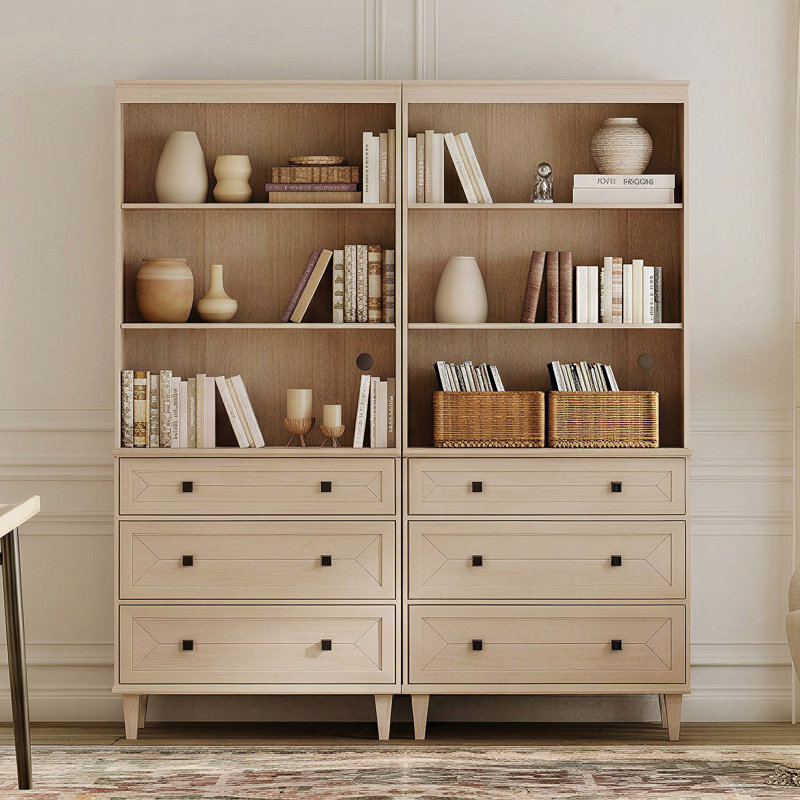 Bibliothèque faite à la main de 63 po de large avec tiroirs, beige, Beige