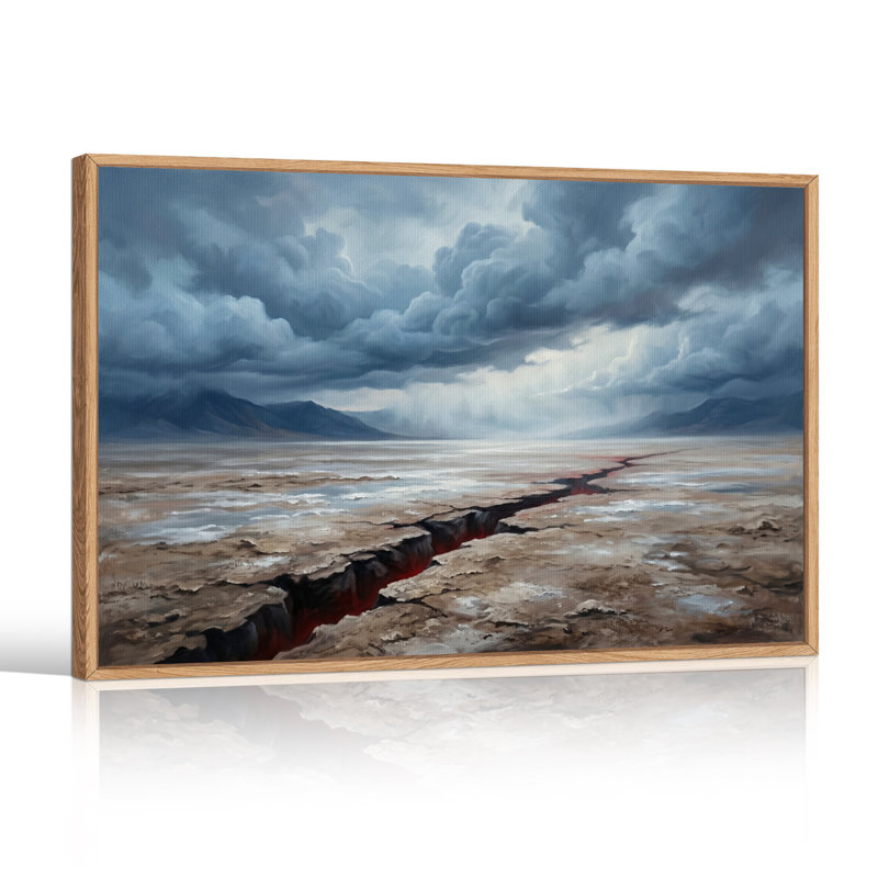 Faille volcanique dans un paysage aride sous des nuages ​​​​sombres - Tableau sur toile, H 32 po x l 48 po