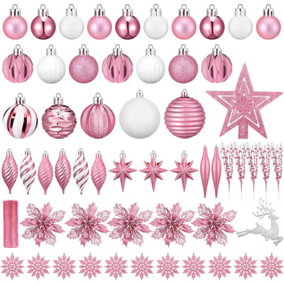 118 Pcs Christmas Tree Ornaments Set Including Ornaments Balls Hanging Snowflakes Icicle Mesh Ribbon Tree Top Star Flower Berries Stems For Xmas Trees Holiday Decor