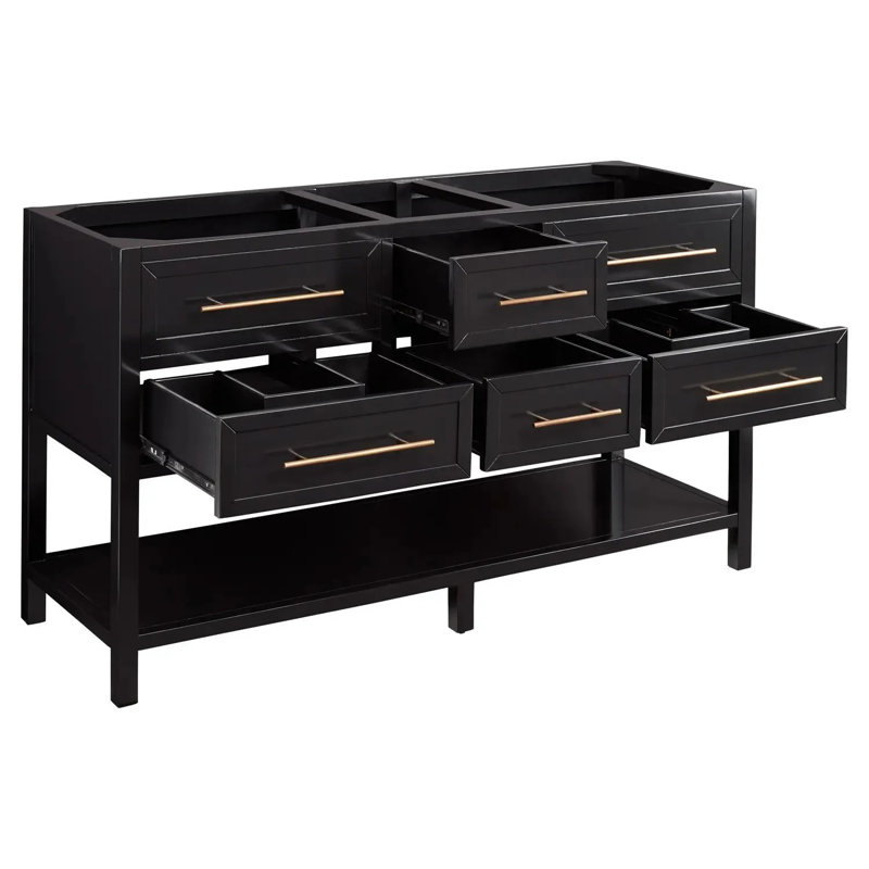 60" Robertson Double Bathroom Vanity Set with Rectangular Undermount Sinks, Black, No Drillings, Arctic White Quartz