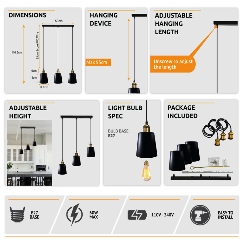 3 - Light Black Kitchen Island Pendant