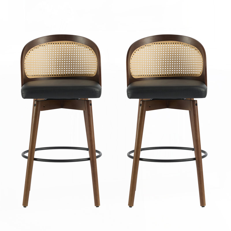 Tabouret de bar d'intérieur en bois Como avec siège rembourré en polyuréthane noir et dossier en rotin, finition noyer foncé, ensemble de 2