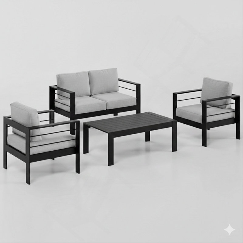 4-Piece Modern Aluminum Patio Conversation Set,  4-Seat Outdoor Sofa with  Thick Cushions & Coffee Table, Light Grey, Black