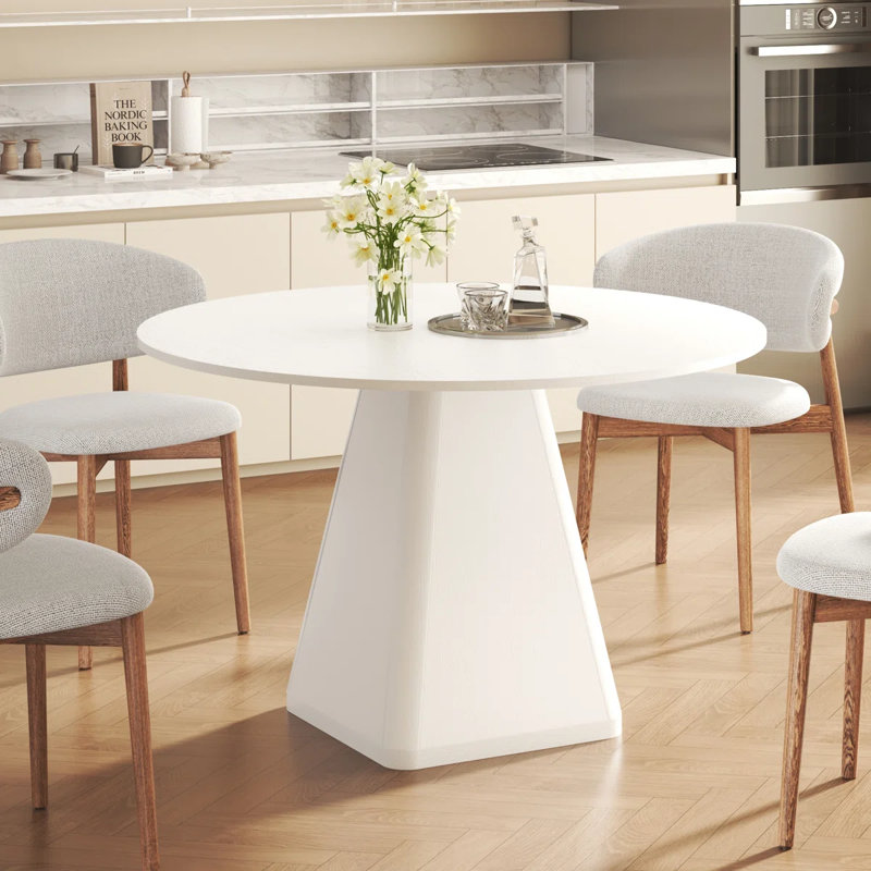 120cm Round Dining Table, Modern Pedestal Base Kitchen Table for 4-6 People, White