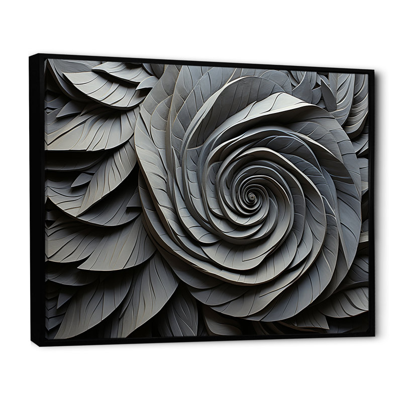 «Grey Spiraling Abstrract Flowers», art mural abstrait en spirale, Cadre flottant noir, H 30 po x l 40 po x P 1,5 po