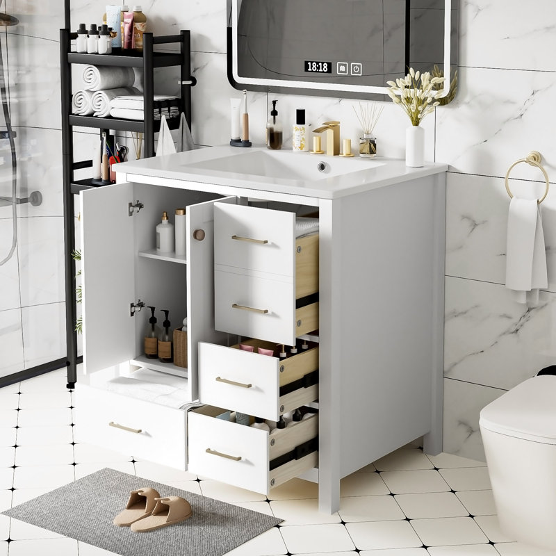 Ensemble de meuble-lavabo 30 po avec lavabo en céramique, armoire de rangement en bois massif, ensemble de meuble-lavabo autoportant avec 4 tiroirs et portes à fermeture douce