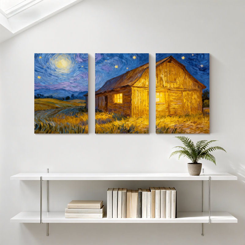 Abstrait nuit étoilée grange, ensemble de 3 reproductions d'art sur toile, H 30 po x l 60 po