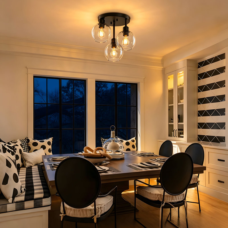 Plafonnier semi-encastré 3 lumières avec verre Globes, Noir mat