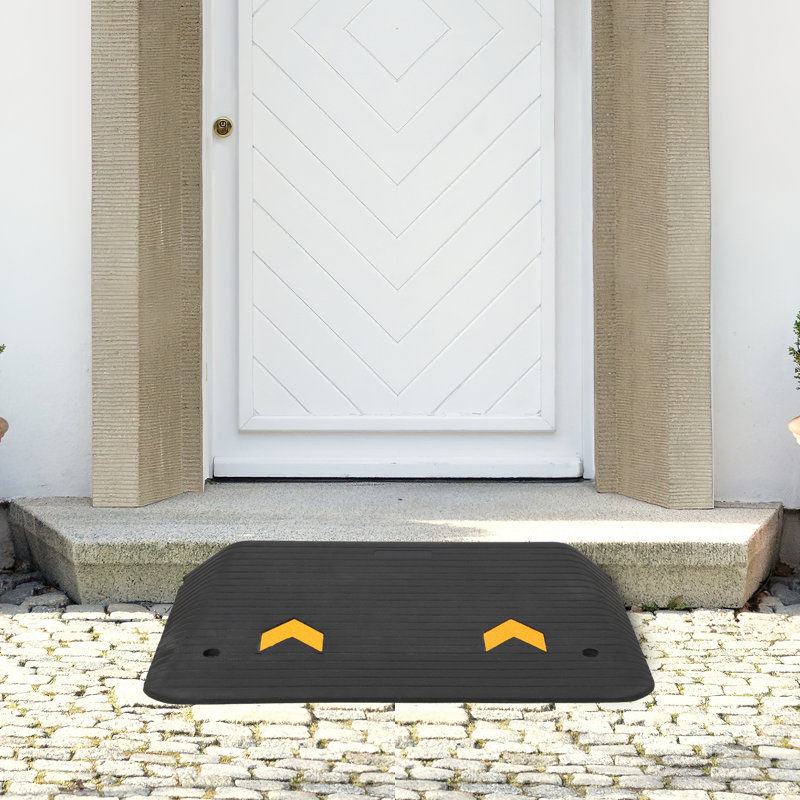 Heavy-Duty Rubber Curb Ramp for Driveway & Doorway – Threshold Ramp with Yellow Triangles, Bolt-On Fixing, Weatherproof & Wear-Resistant, Easy Install