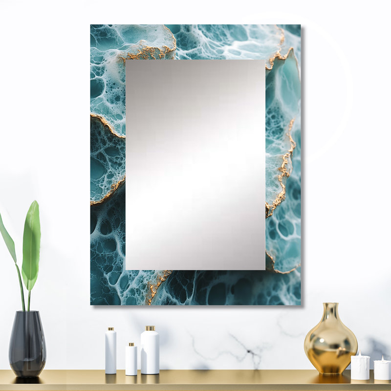 Green and Gold Coastal Oceans Pulse - miroir décoratif côtier, miroir mural vert, impression sur métal, 32 po x 24 po