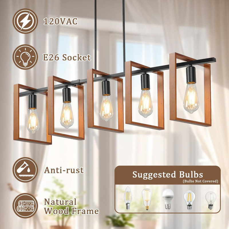 Lustre de ferme 5 lumières avec hauteur réglable, bois rustique et îlot de cuisine en métal noir pour salle à manger