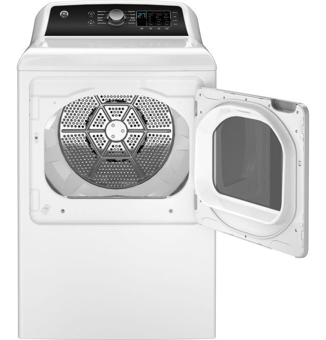 GE Appliances 7.4 Cu. Ft. Natural Gas Dryer Sensor Dry Reversible Door in White