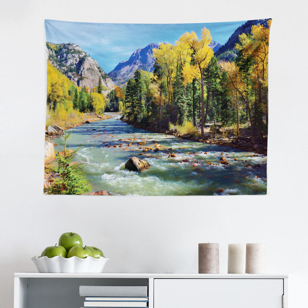 Wandbehang Berge von Colorado mit Wald und Fluss Sommer Laub Idyllisches Foto