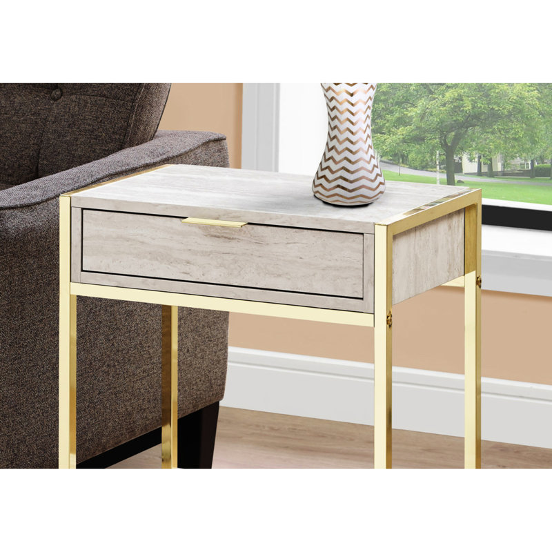 Table d'appoint en marbre beige avec tiroir spacieux et tablette en métal